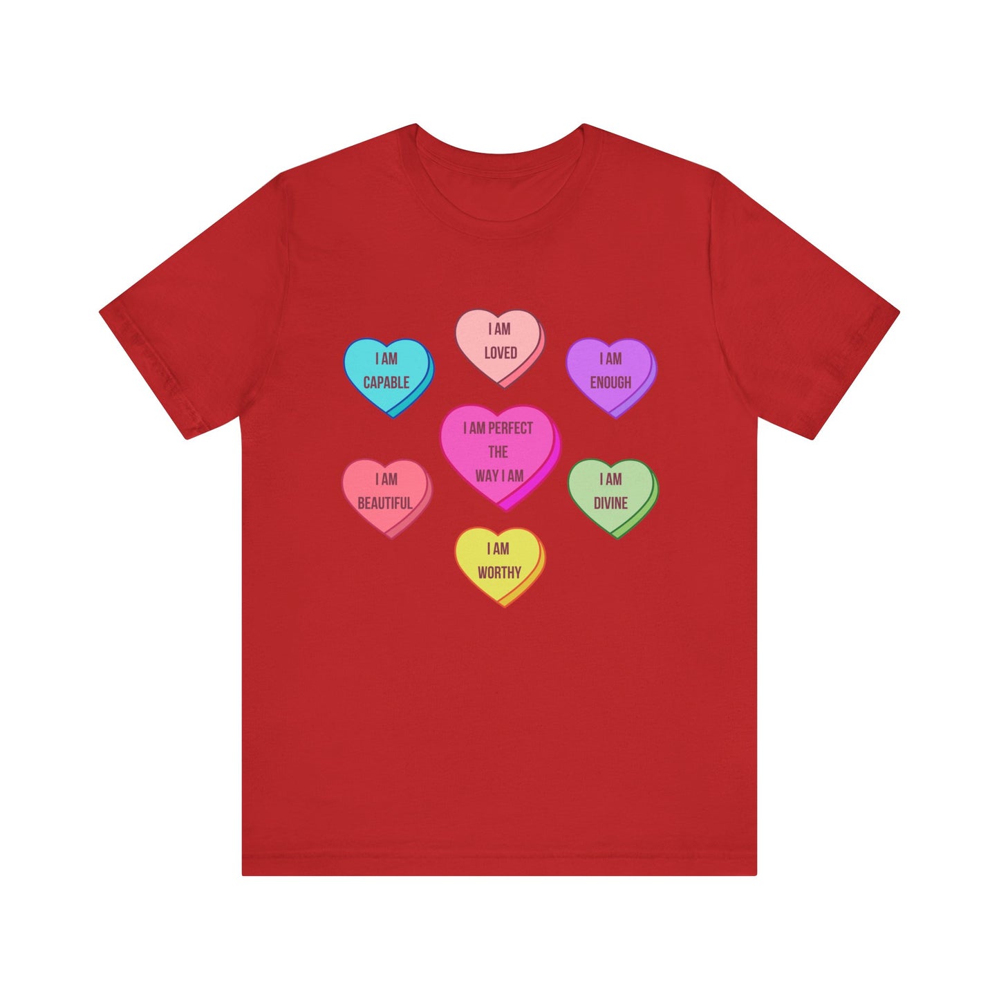 Self-Love Conversation Candy Heart Affirmations, in English,Unisex Jersey Short Sleeve Tee