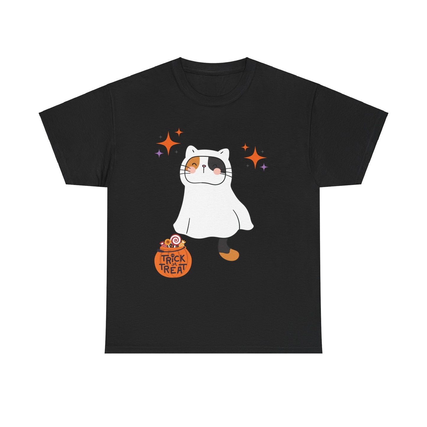 Halloween Cat T-Shirt – Cute Calico Kitten in Ghost Costume for Cat Lovers