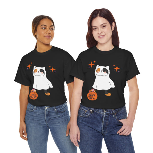 Halloween Cat T-Shirt – Cute Calico Kitten in Ghost Costume for Cat Lovers