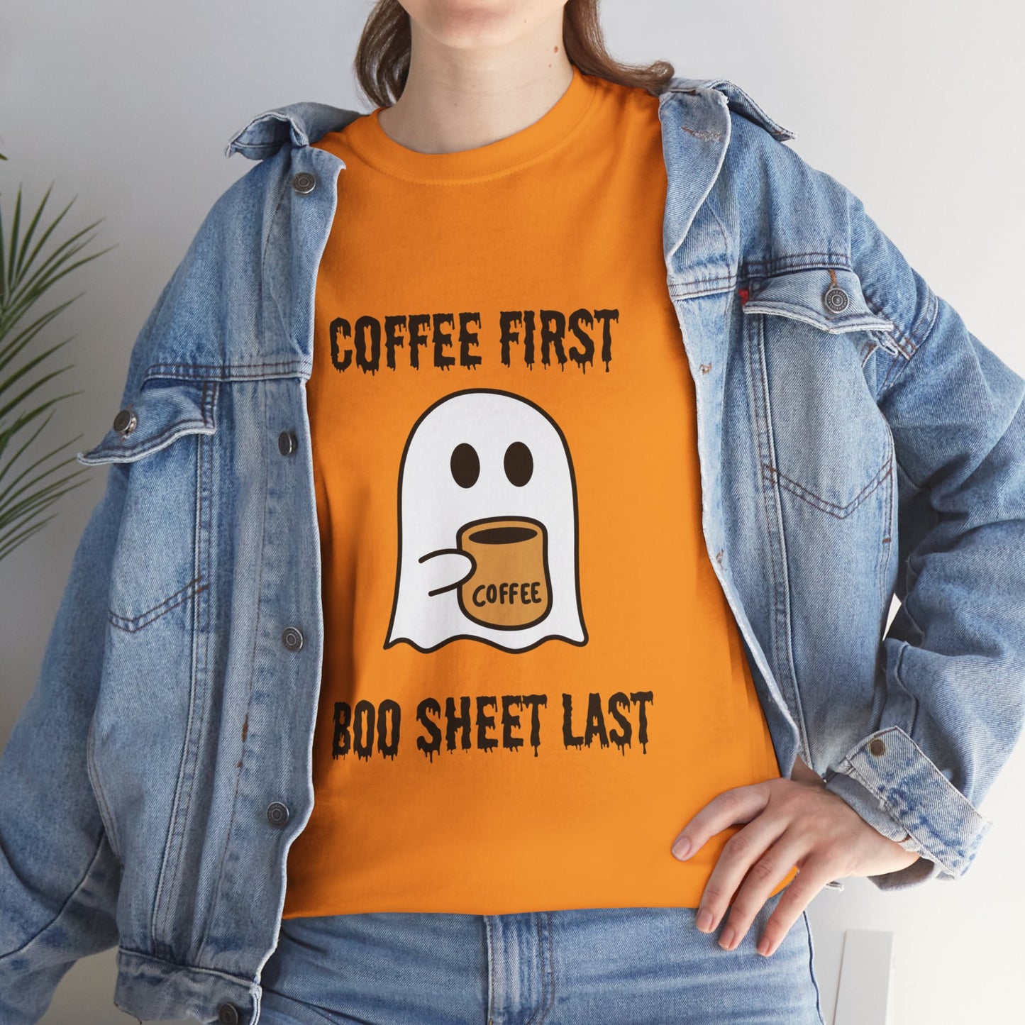 Coffee First Boo Sheet Last T-Shirt – Cute Ghost Drinking Coffee, Funny Halloween Shirt