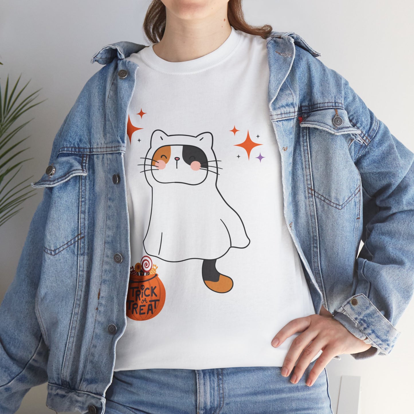 Halloween Cat T-Shirt – Cute Calico Kitten in Ghost Costume for Cat Lovers