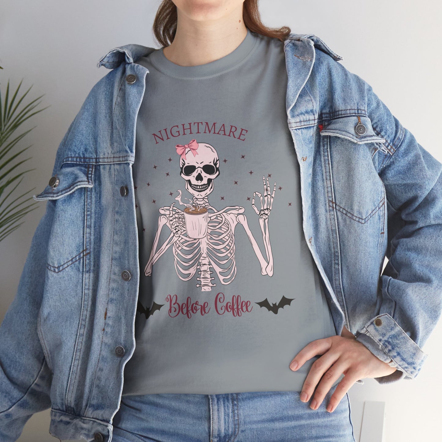 "Nightmare Before Coffee" Skeleton Drinking Coffee Halloween Shirt with Pink Bow | Cute & Funny Halloween Tee for Women