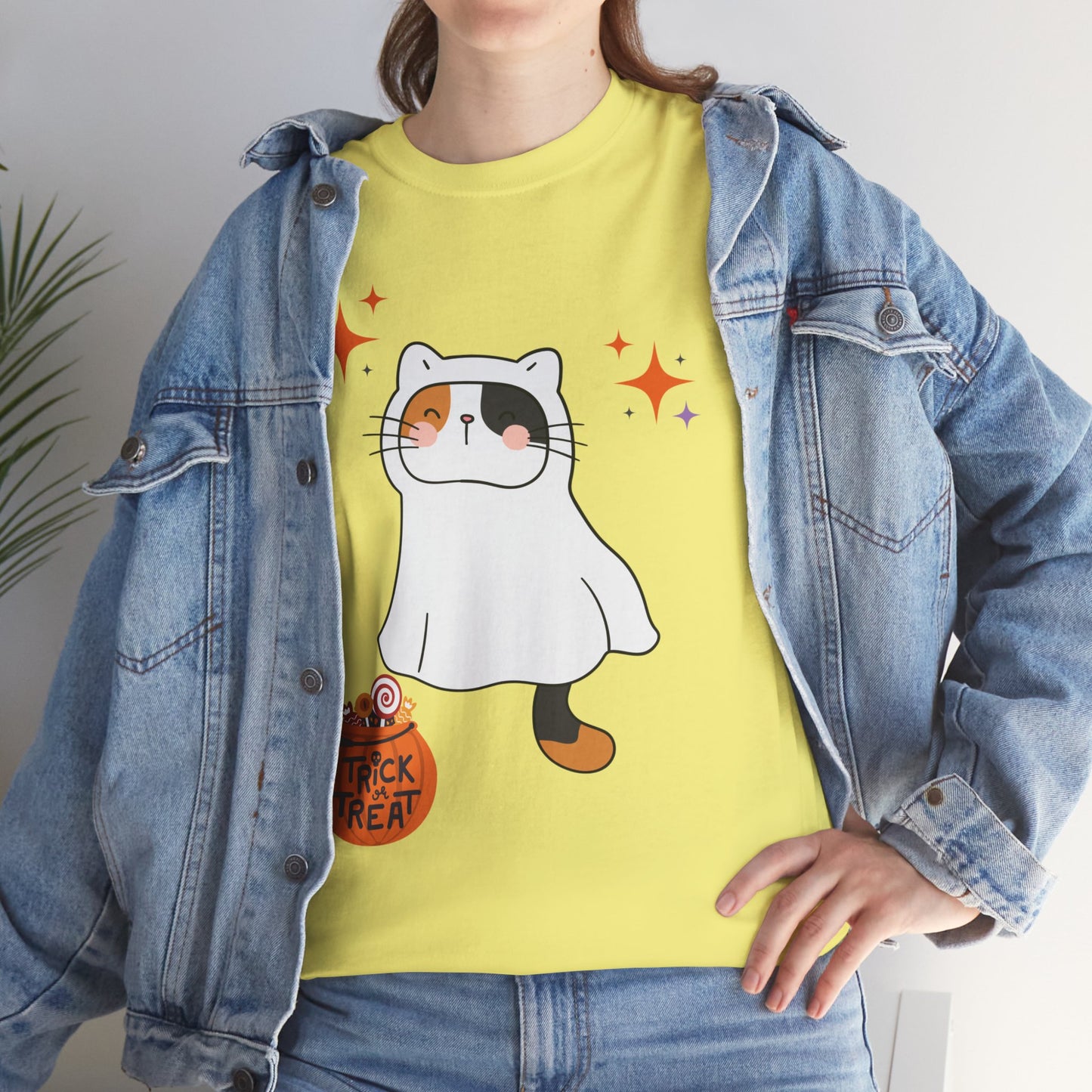 Halloween Cat T-Shirt – Cute Calico Kitten in Ghost Costume for Cat Lovers