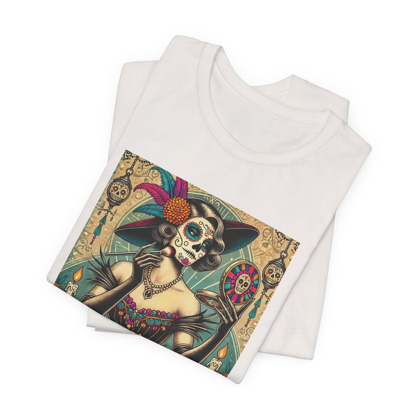 Too Cute to Spook Calavera Shirt – Día de los Muertos Woman with Makeup Mirror