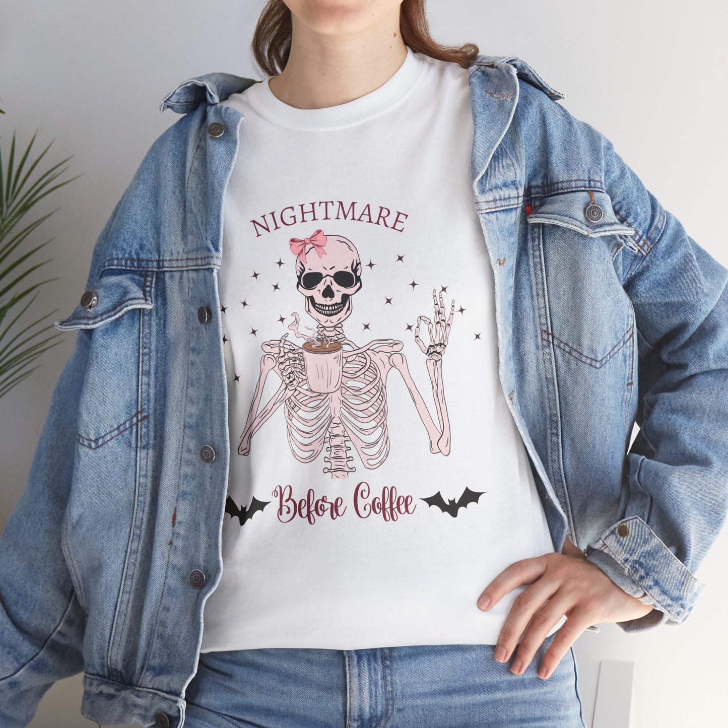 "Nightmare Before Coffee" Skeleton Drinking Coffee Halloween Shirt with Pink Bow | Cute & Funny Halloween Tee for Women