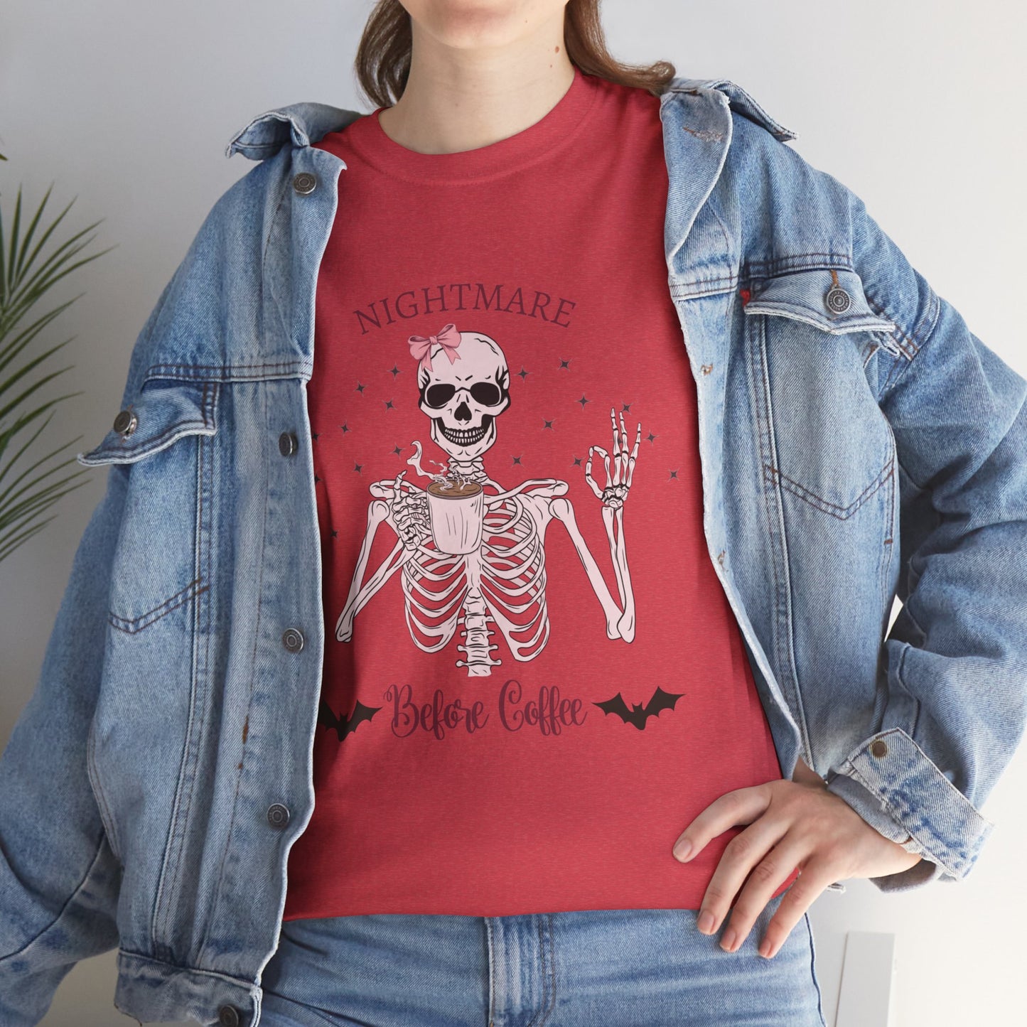 "Nightmare Before Coffee" Skeleton Drinking Coffee Halloween Shirt with Pink Bow | Cute & Funny Halloween Tee for Women