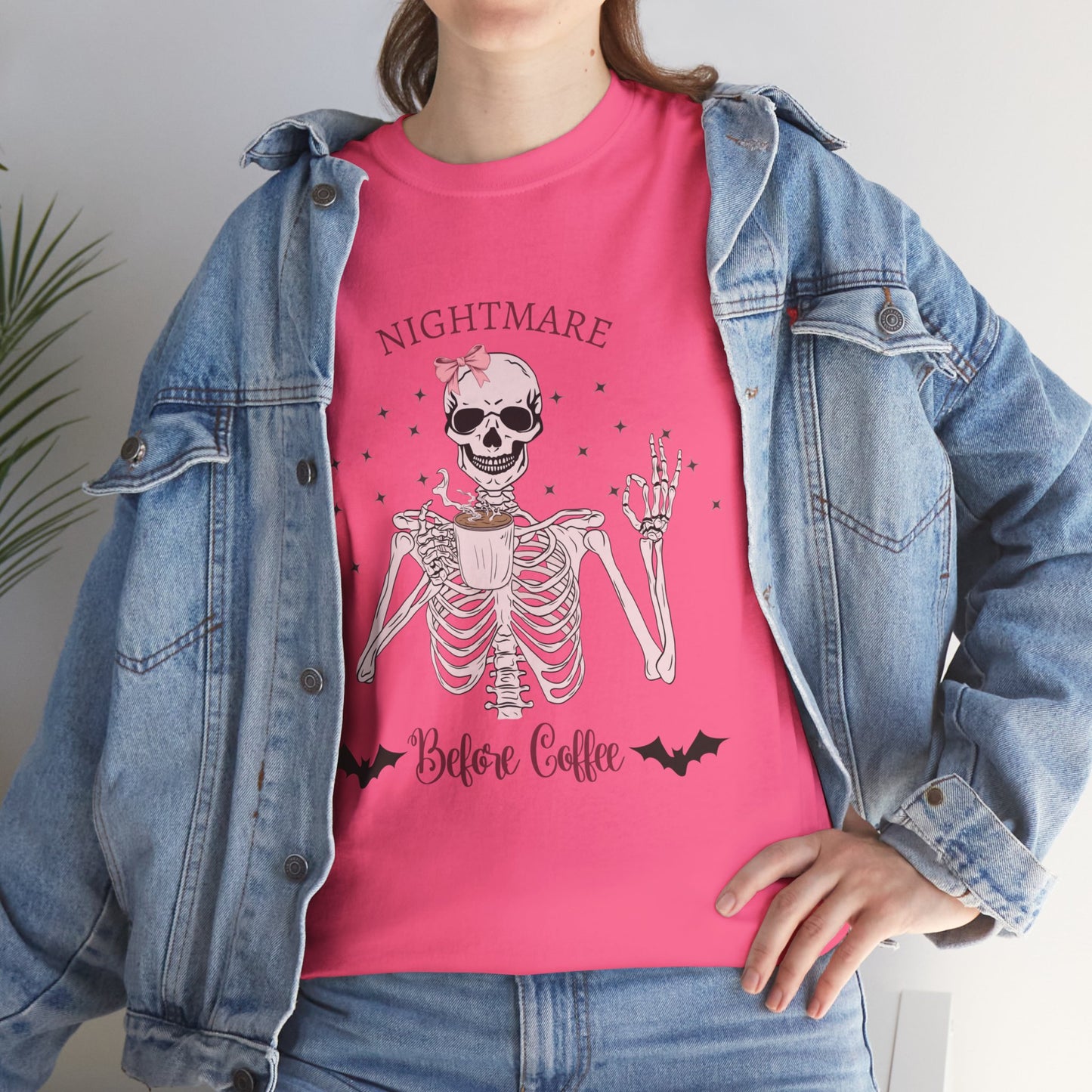 "Nightmare Before Coffee" Skeleton Drinking Coffee Halloween Shirt with Pink Bow | Cute & Funny Halloween Tee for Women