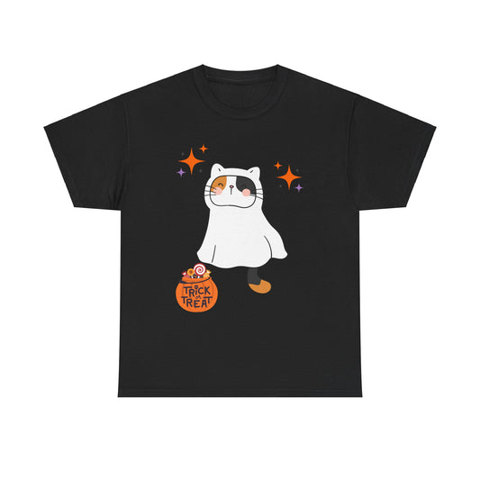 Cute Kitten Ghost Halloween T-Shirt – Spooky and Sweet Trick-or-Treat Design