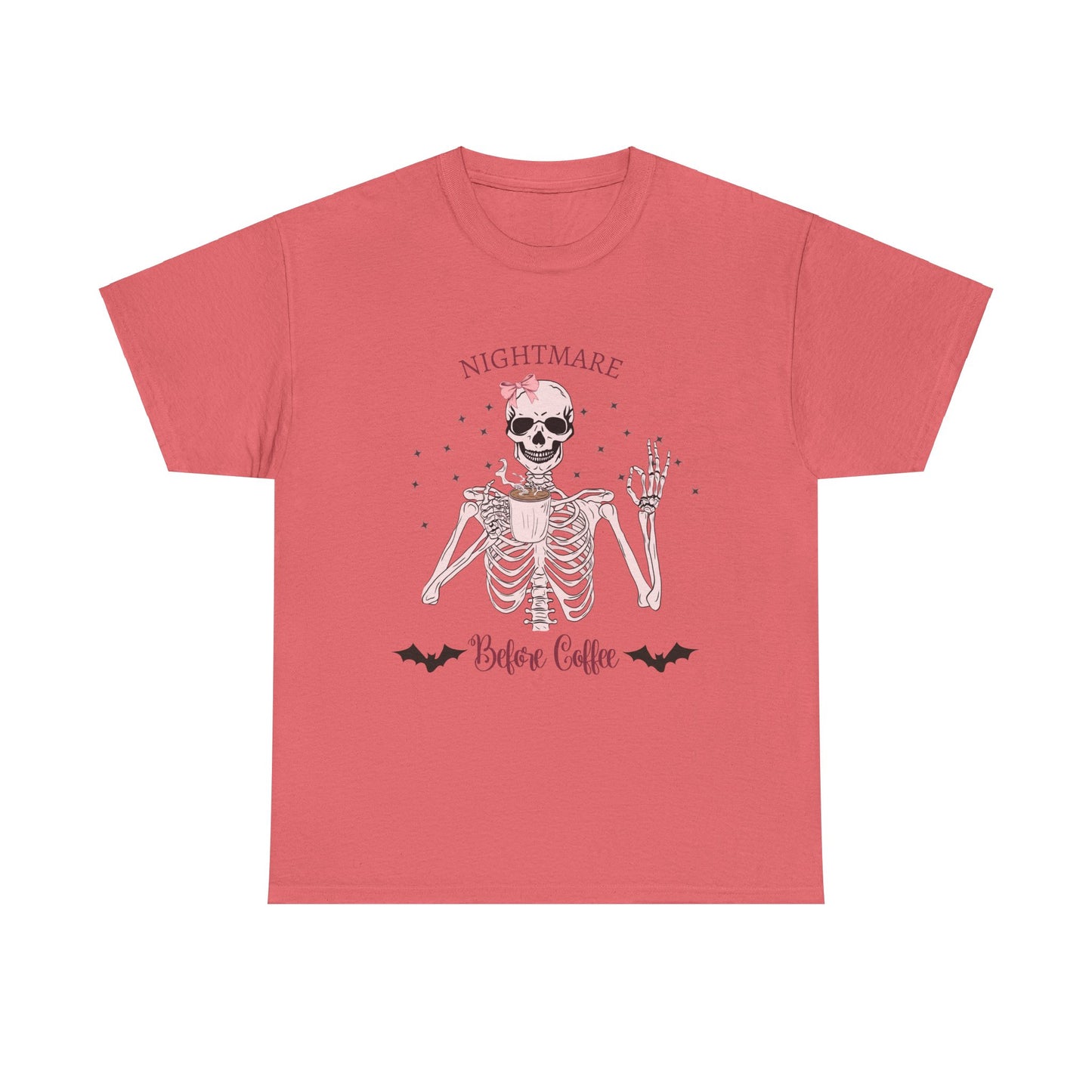 "Nightmare Before Coffee" Skeleton Drinking Coffee Halloween Shirt with Pink Bow | Cute & Funny Halloween Tee for Women