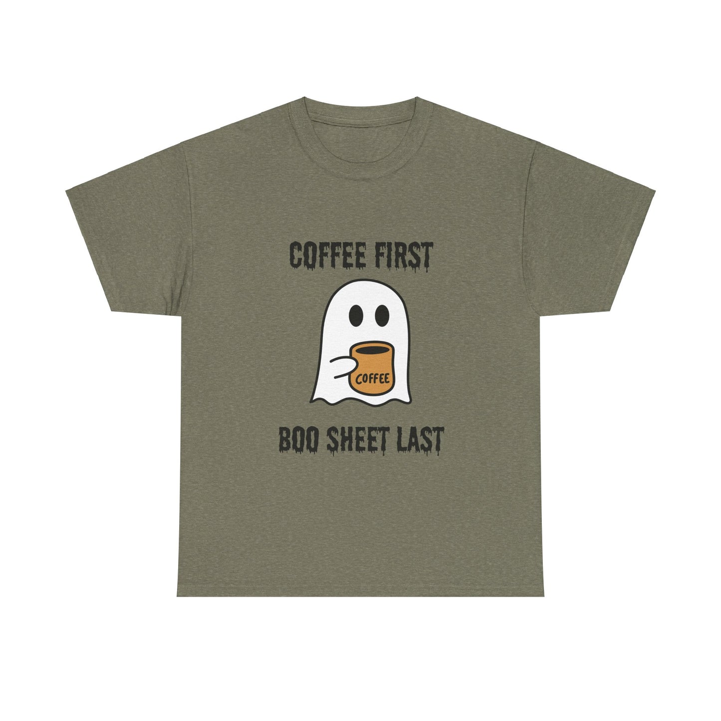 Coffee First Boo Sheet Last T-Shirt – Cute Ghost Drinking Coffee, Funny Halloween Shirt