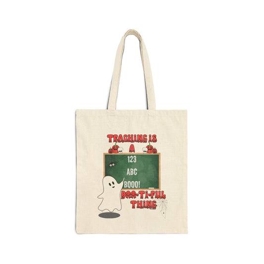 "Teaching is a Boo-ti-ful Thing" Halloween – Cute Ghost, Pumpkins & Spider Design Cotton Canvas Tote Bag