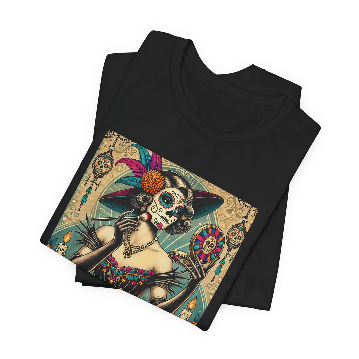 Too Cute to Spook Calavera Shirt – Día de los Muertos Woman with Makeup Mirror