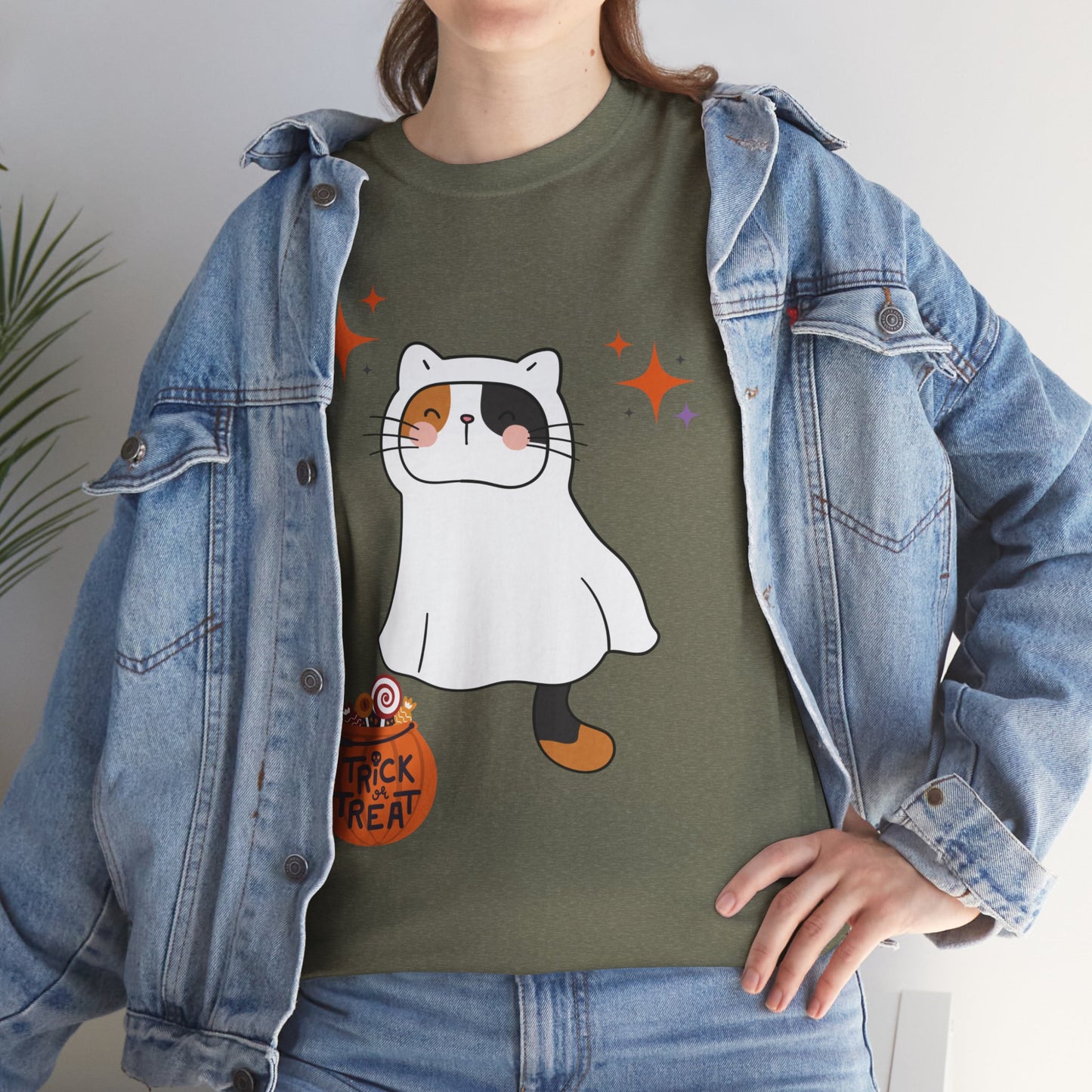 Halloween Cat T-Shirt – Cute Calico Kitten in Ghost Costume for Cat Lovers