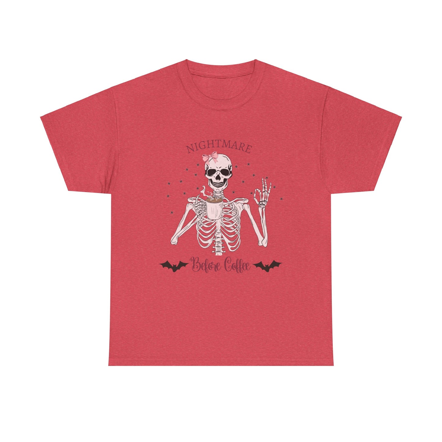 "Nightmare Before Coffee" Skeleton Drinking Coffee Halloween Shirt with Pink Bow | Cute & Funny Halloween Tee for Women