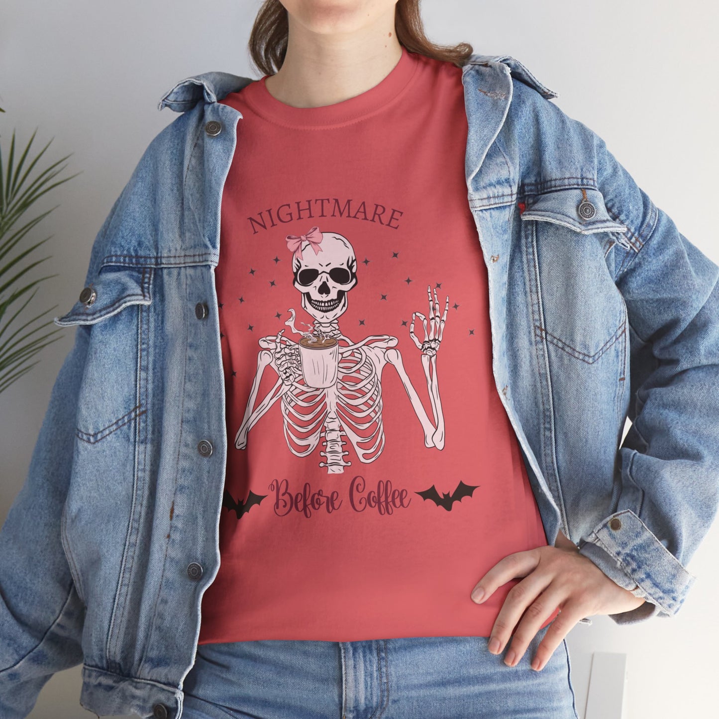 "Nightmare Before Coffee" Skeleton Drinking Coffee Halloween Shirt with Pink Bow | Cute & Funny Halloween Tee for Women