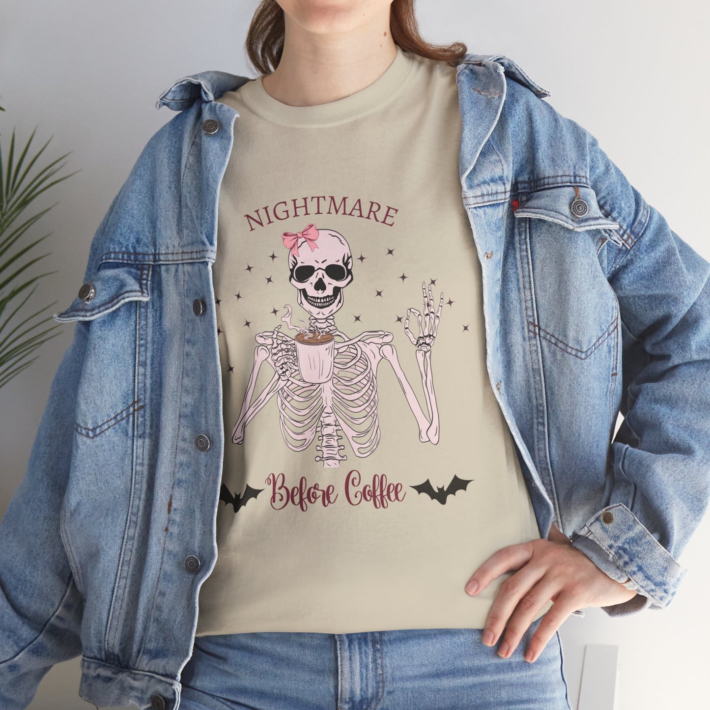 "Nightmare Before Coffee" Skeleton Drinking Coffee Halloween Shirt with Pink Bow | Cute & Funny Halloween Tee for Women