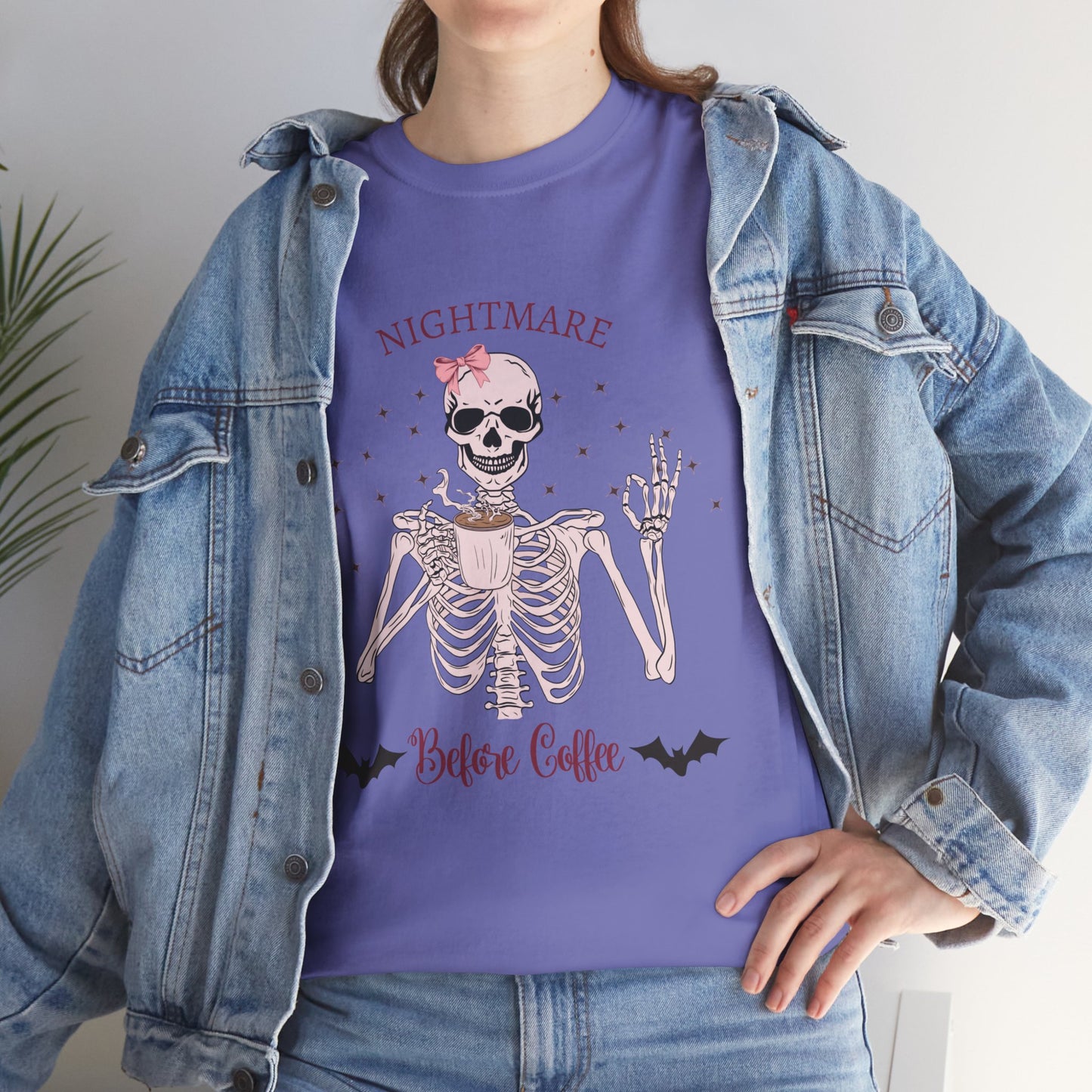 "Nightmare Before Coffee" Skeleton Drinking Coffee Halloween Shirt with Pink Bow | Cute & Funny Halloween Tee for Women