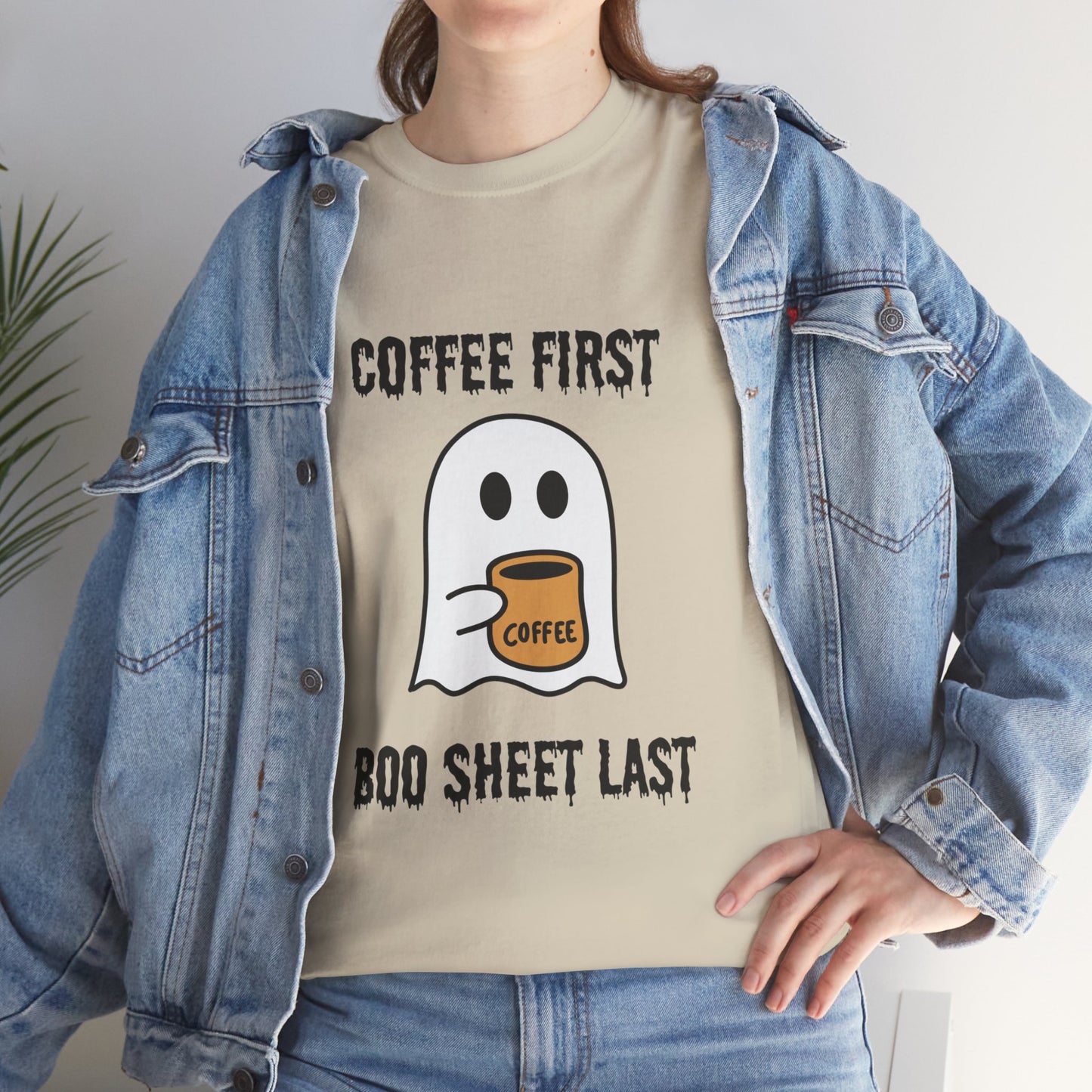 Coffee First Boo Sheet Last T-Shirt – Cute Ghost Drinking Coffee, Funny Halloween Shirt