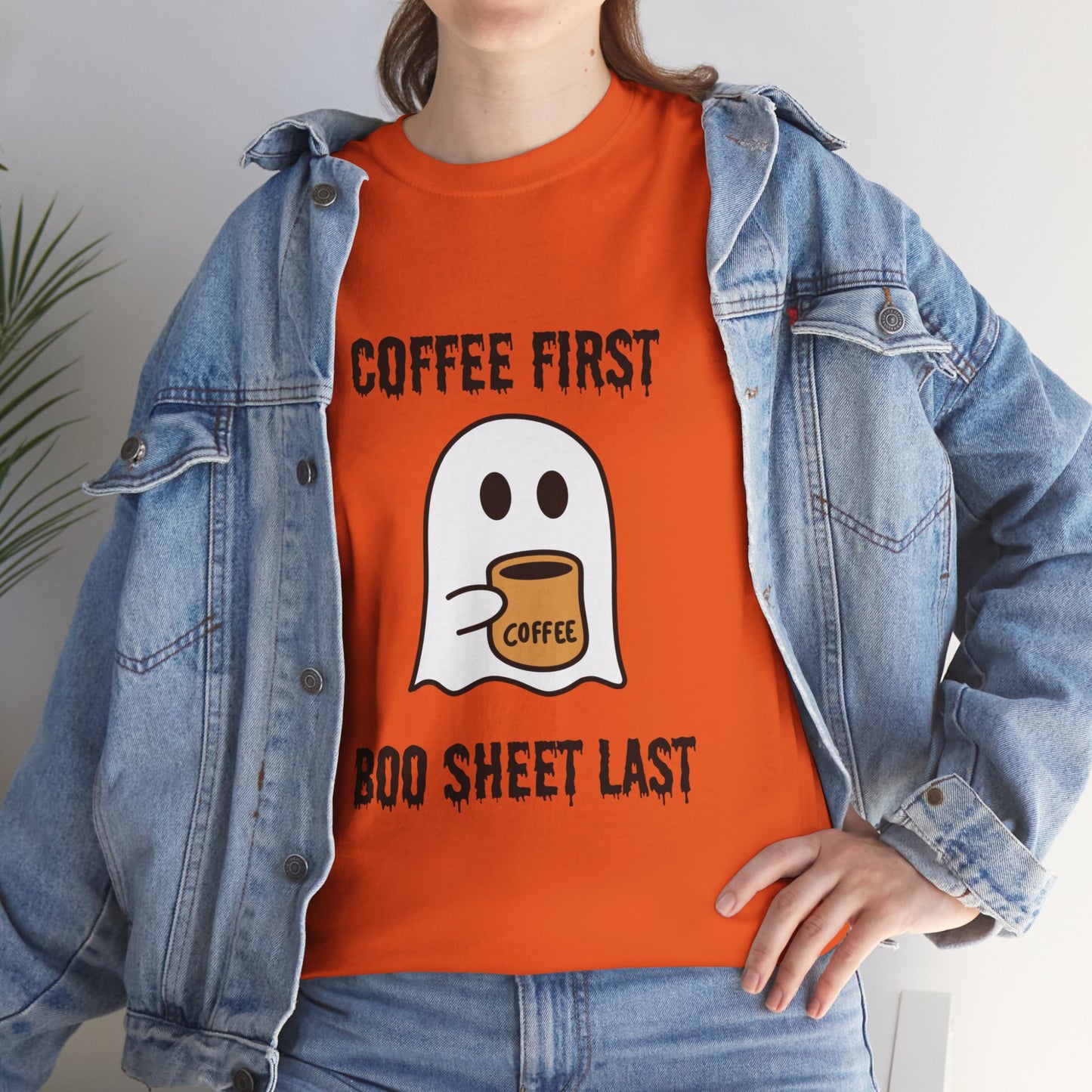 Coffee First Boo Sheet Last T-Shirt – Cute Ghost Drinking Coffee, Funny Halloween Shirt