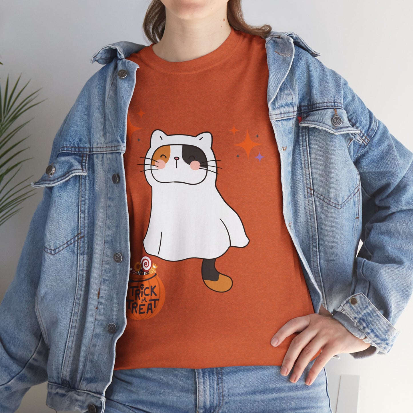 Halloween Cat T-Shirt – Cute Calico Kitten in Ghost Costume for Cat Lovers