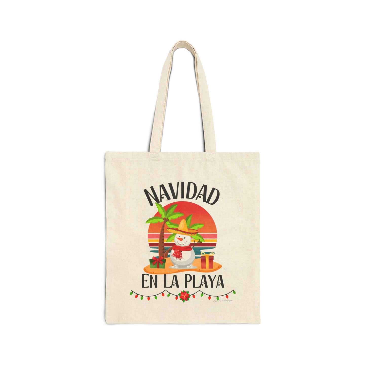 Navidad en La Playa Snowman on the Beach Cotton Canvas Tote Bag