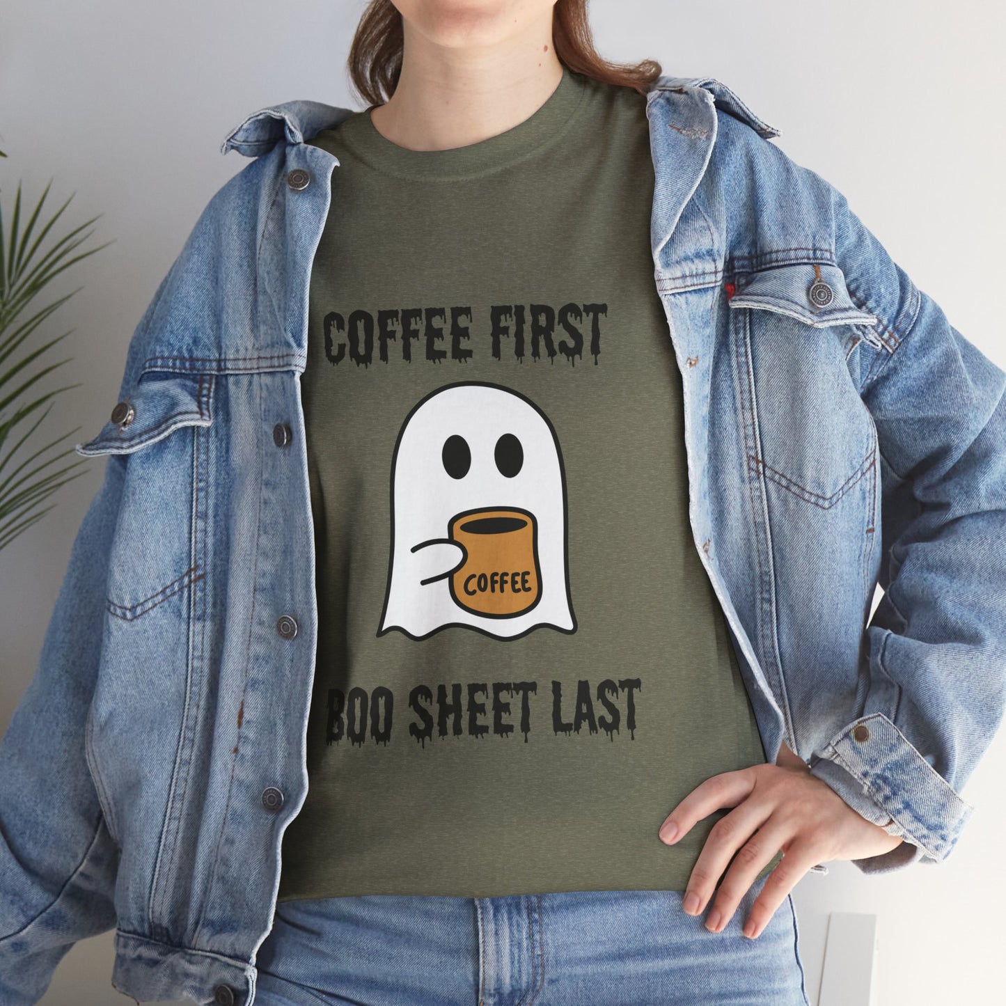 Coffee First Boo Sheet Last T-Shirt – Cute Ghost Drinking Coffee, Funny Halloween Shirt