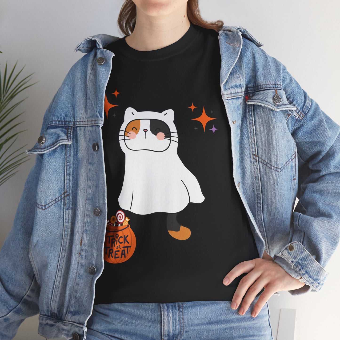 Halloween Cat T-Shirt – Cute Calico Kitten in Ghost Costume for Cat Lovers