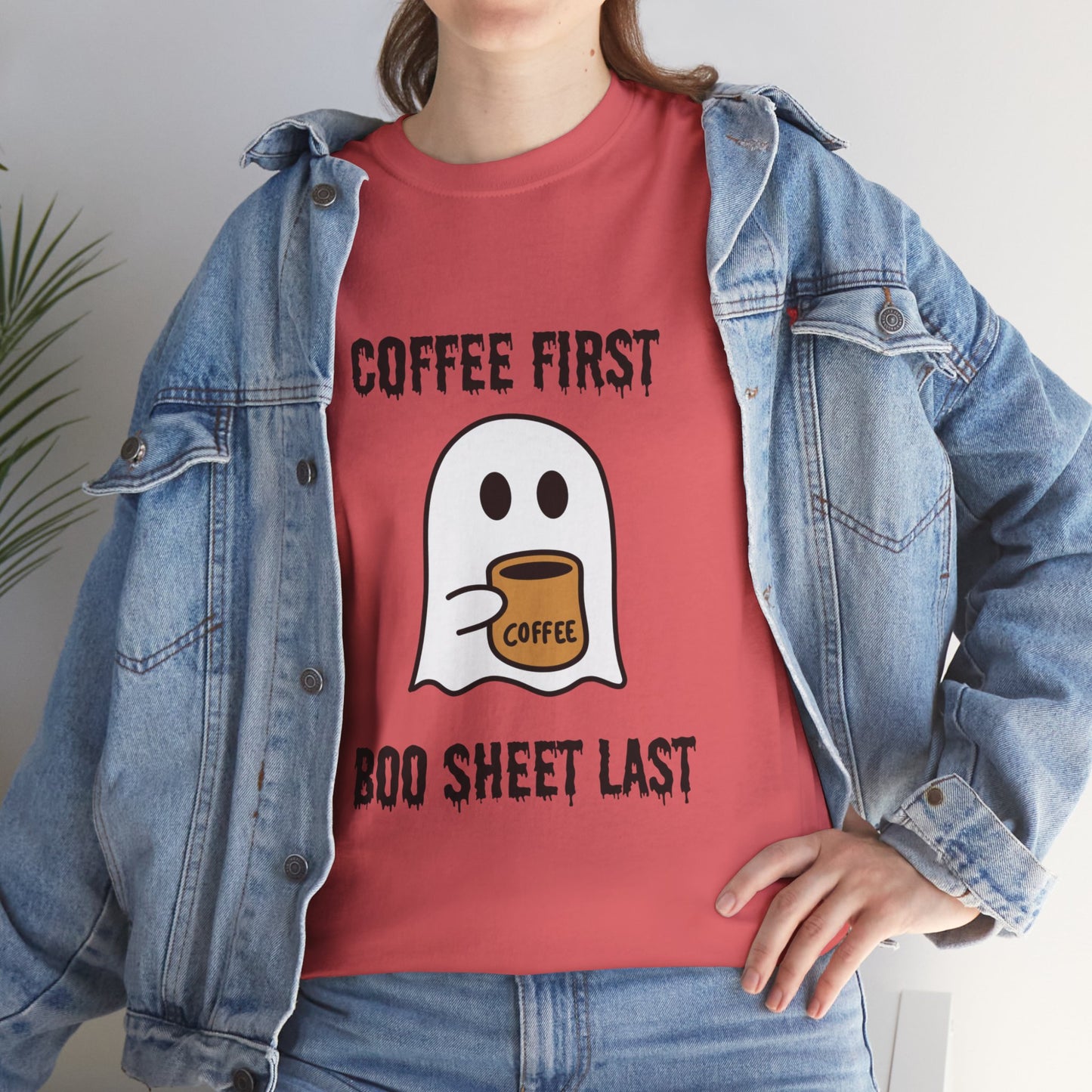 Coffee First Boo Sheet Last T-Shirt – Cute Ghost Drinking Coffee, Funny Halloween Shirt