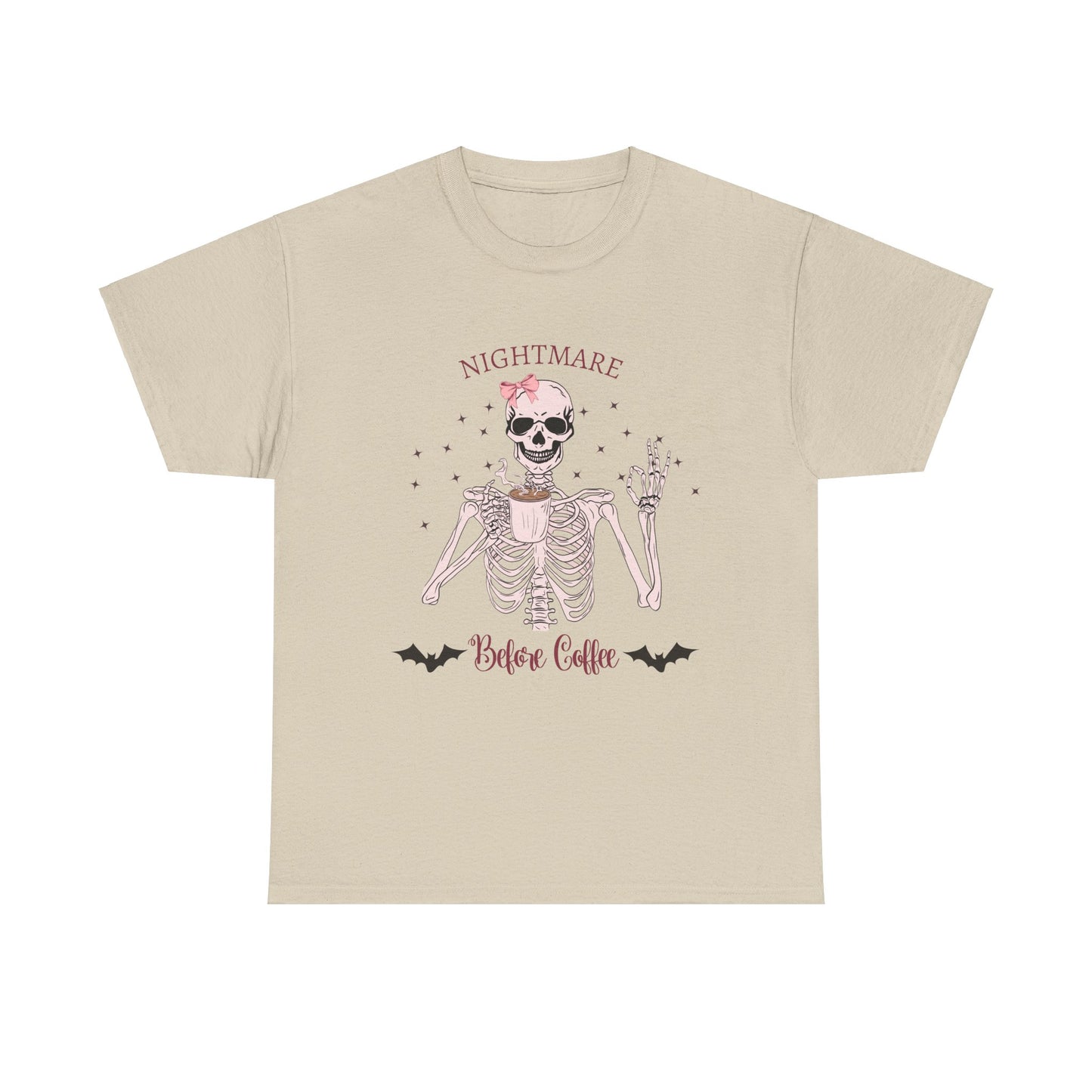 "Nightmare Before Coffee" Skeleton Drinking Coffee Halloween Shirt with Pink Bow | Cute & Funny Halloween Tee for Women