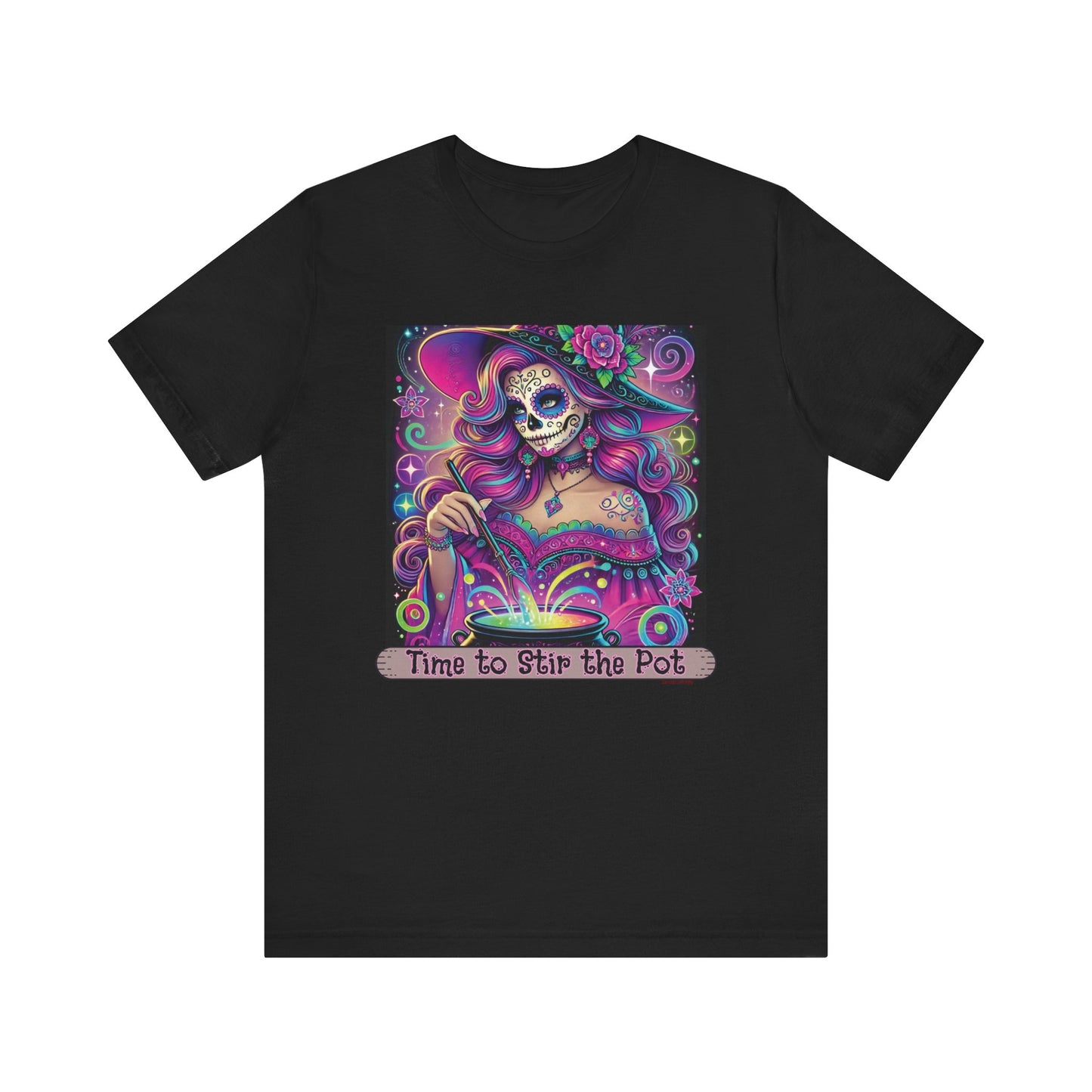 Time to Stir the Pot – Neon Dia de Los Muertos Witch Stirring Cauldron Shirt