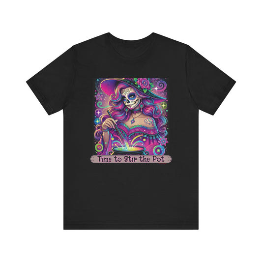 Time to Stir the Pot – Neon Dia de Los Muertos Witch Stirring Cauldron Shirt