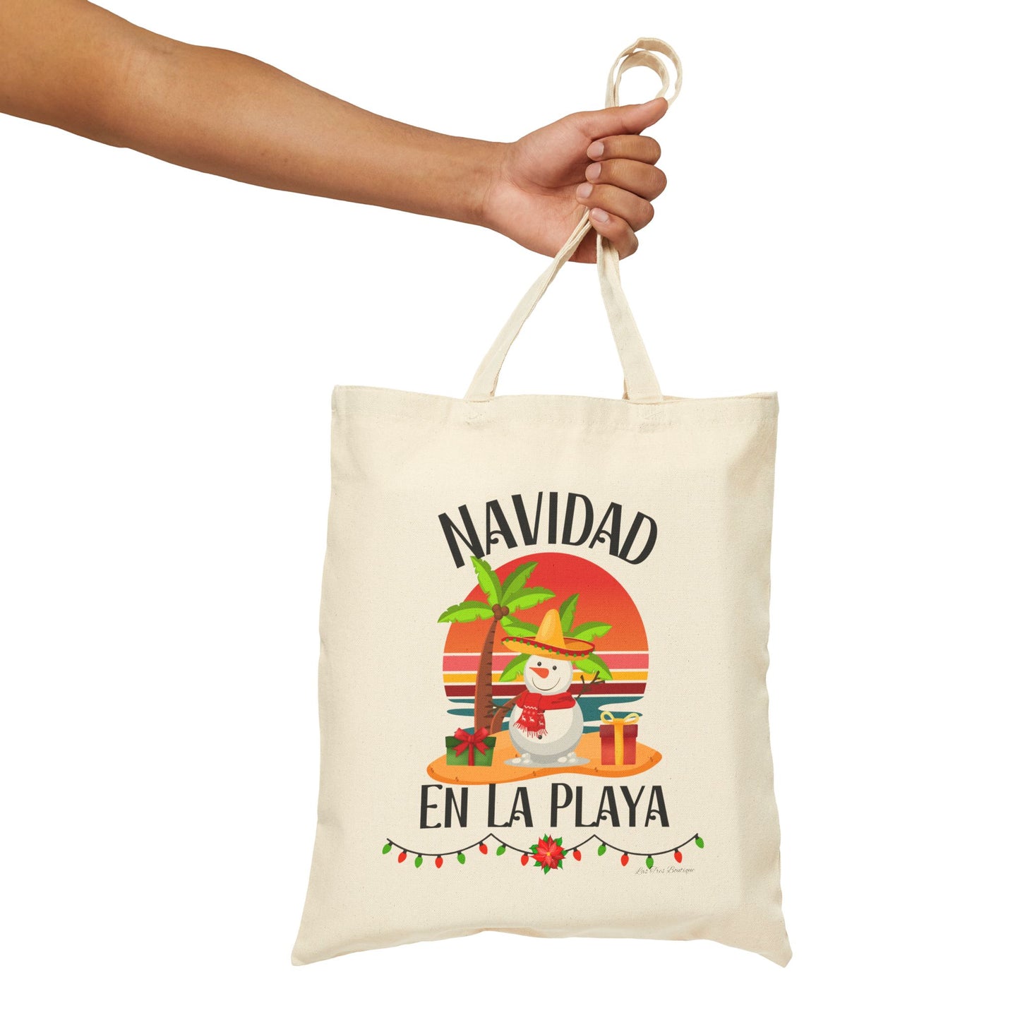 Navidad en La Playa Snowman on the Beach Cotton Canvas Tote Bag