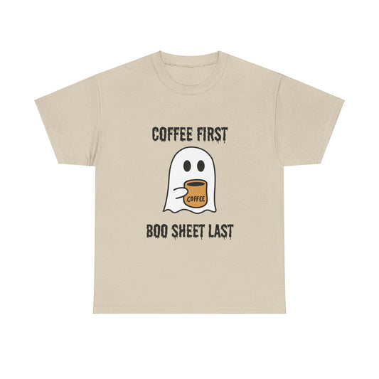 Coffee First Boo Sheet Last T-Shirt – Cute Ghost Drinking Coffee, Funny Halloween Shirt