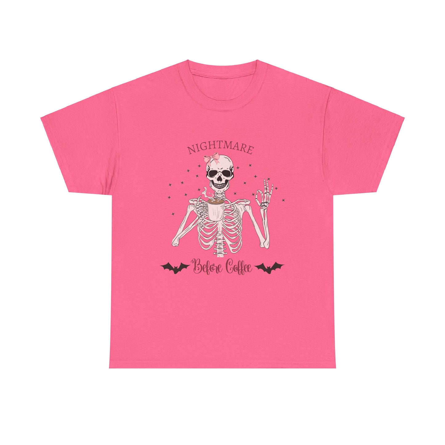 "Nightmare Before Coffee" Skeleton Drinking Coffee Halloween Shirt with Pink Bow | Cute & Funny Halloween Tee for Women