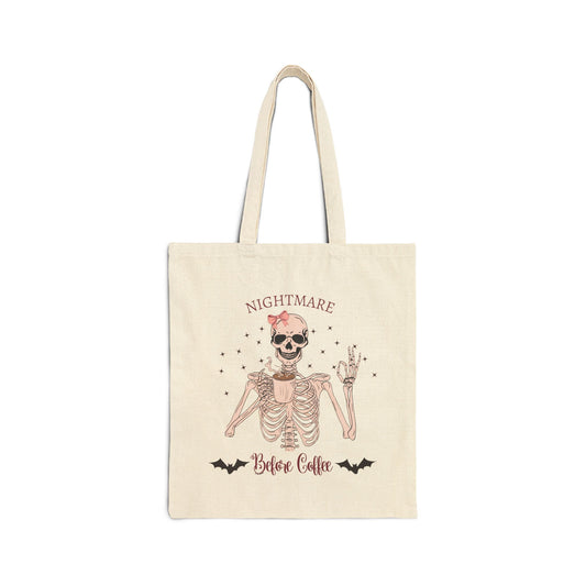 "Nightmare Before Coffee" Skeleton Drinking Coffee Halloween Shirt with Pink Bow | Cute & FunnyCotton Canvas Tote Bag