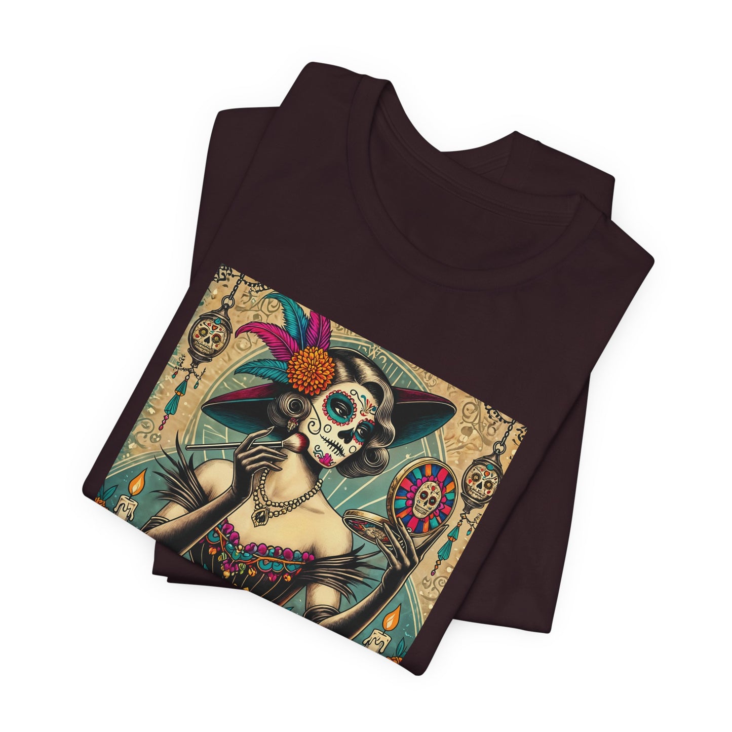 Too Cute to Spook Calavera Shirt – Día de los Muertos Woman with Makeup Mirror