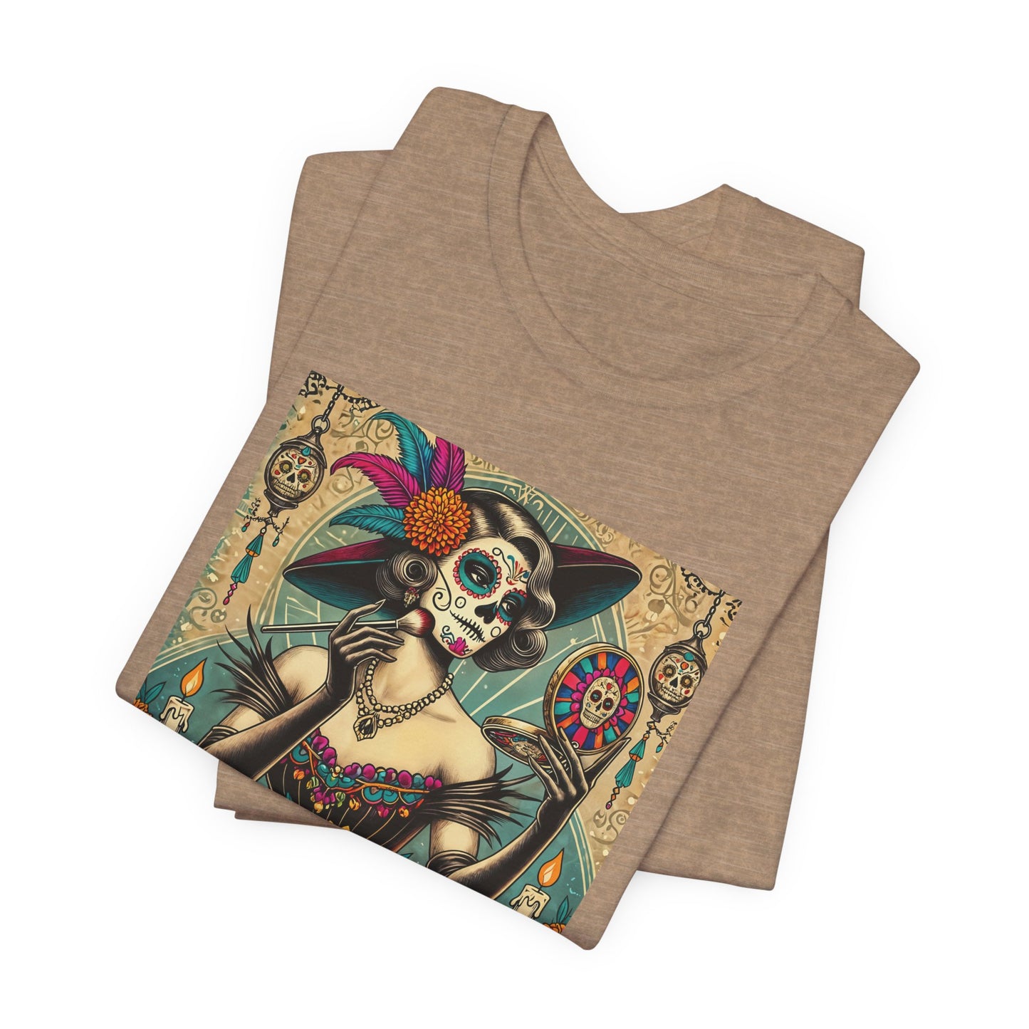 Too Cute to Spook Calavera Shirt – Día de los Muertos Woman with Makeup Mirror