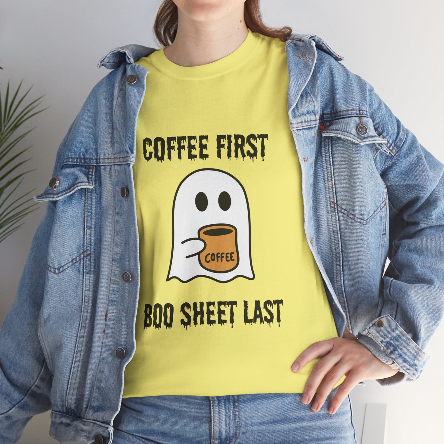 Coffee First Boo Sheet Last T-Shirt – Cute Ghost Drinking Coffee, Funny Halloween Shirt