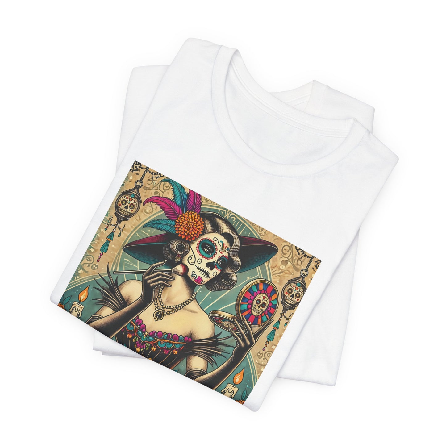 Too Cute to Spook Calavera Shirt – Día de los Muertos Woman with Makeup Mirror