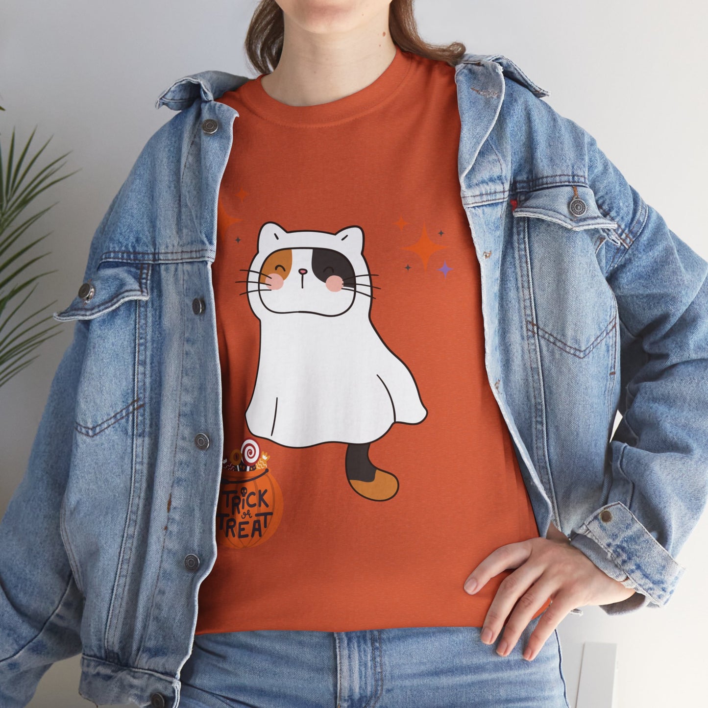 Halloween Cat T-Shirt – Cute Calico Kitten in Ghost Costume for Cat Lovers