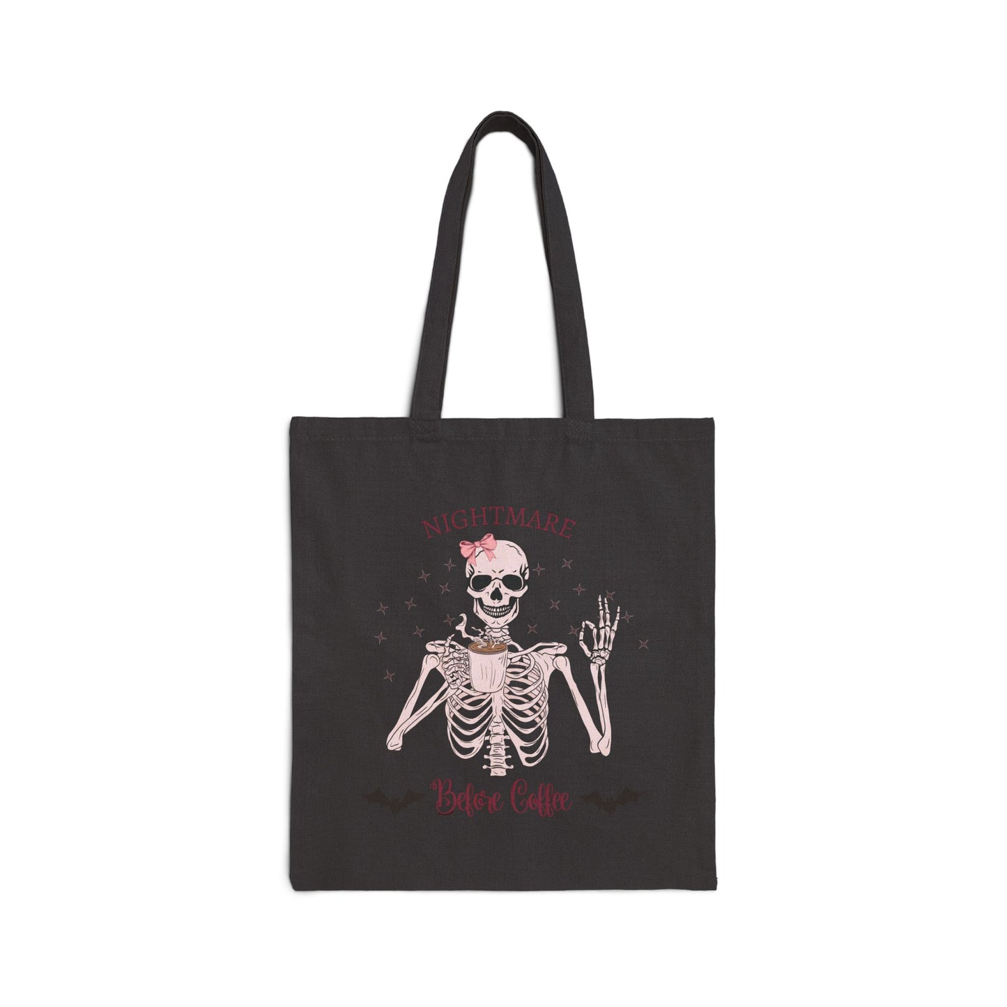 "Nightmare Before Coffee" Skeleton Drinking Coffee Halloween Shirt with Pink Bow | Cute & FunnyCotton Canvas Tote Bag