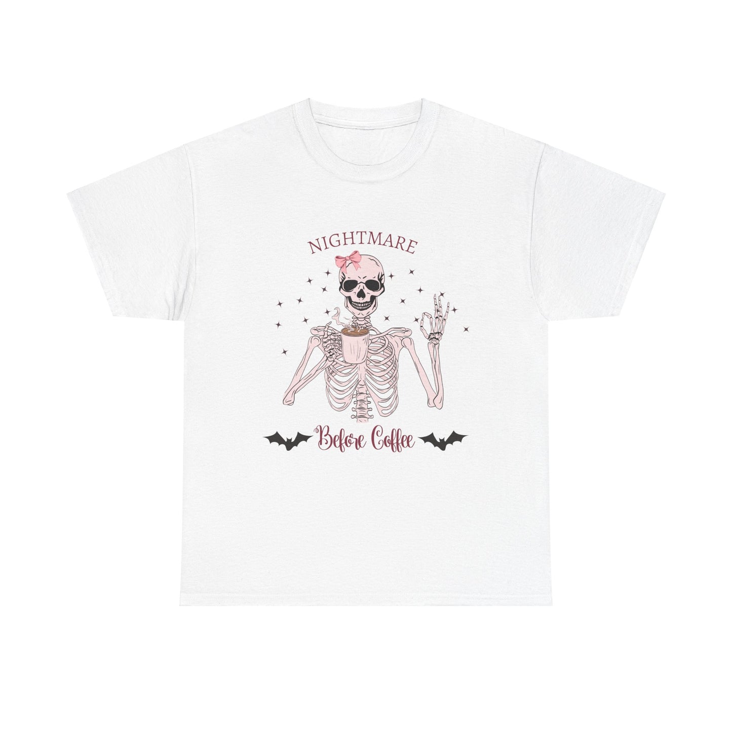 "Nightmare Before Coffee" Skeleton Drinking Coffee Halloween Shirt with Pink Bow | Cute & Funny Halloween Tee for Women