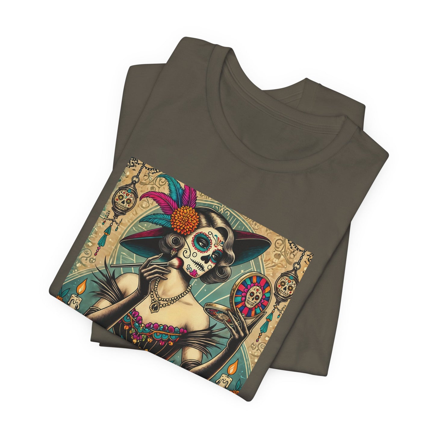 Too Cute to Spook Calavera Shirt – Día de los Muertos Woman with Makeup Mirror