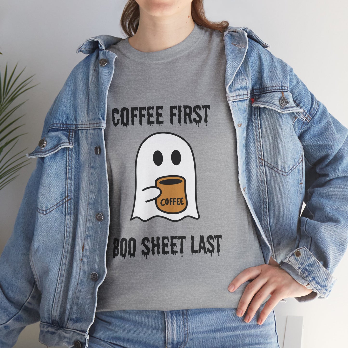 Coffee First Boo Sheet Last T-Shirt – Cute Ghost Drinking Coffee, Funny Halloween Shirt