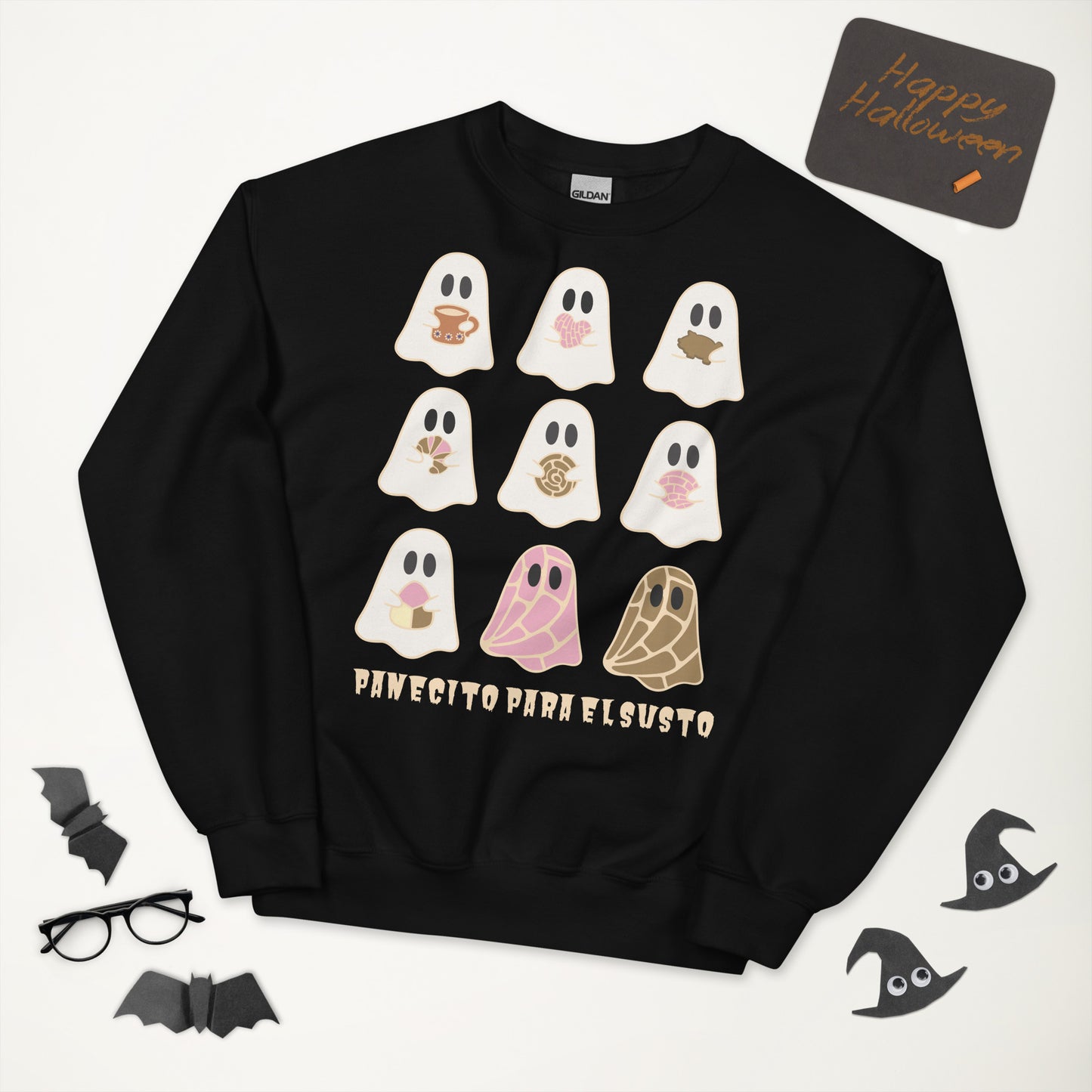 Cozy Halloween Sweatshirt– Cute Ghosts with Pan Dulce and Cafecito for Fall Vibes (Darker Colors) Unisex