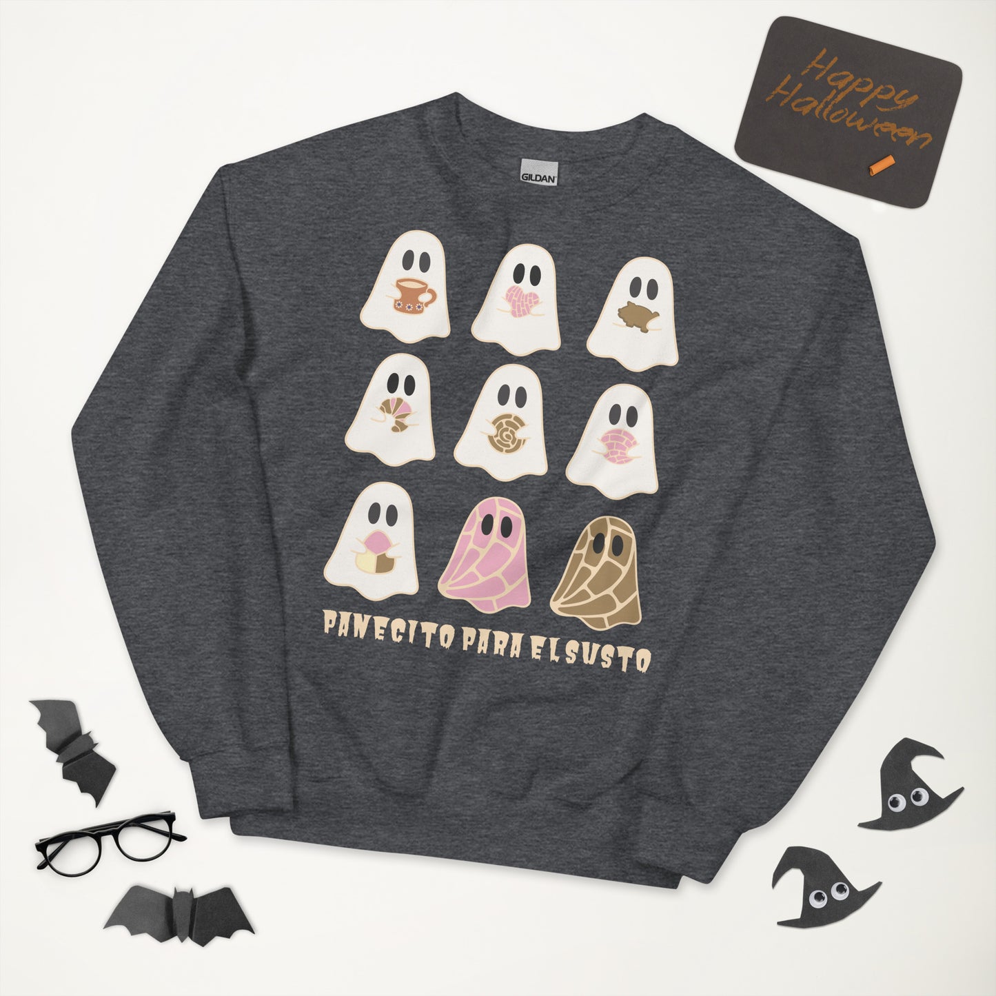 Cozy Halloween Sweatshirt– Cute Ghosts with Pan Dulce and Cafecito for Fall Vibes (Darker Colors) Unisex