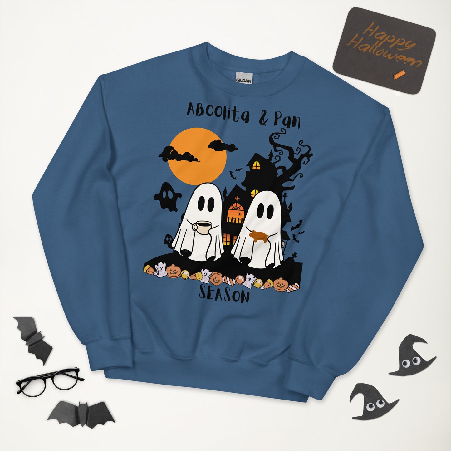 ABoolita & Pan Season Sweatshirt – Ghosts Drinking Abuelita's Hot Chocolate and Eating Pan Dulce at a Haunted House