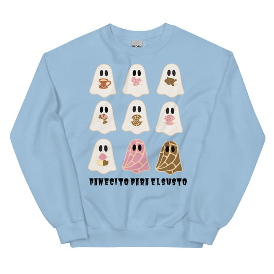 Cozy Halloween Sweatshirt– Cute Ghosts with Pan Dulce and Cafecito for Fall Vibes (Lighter colors)