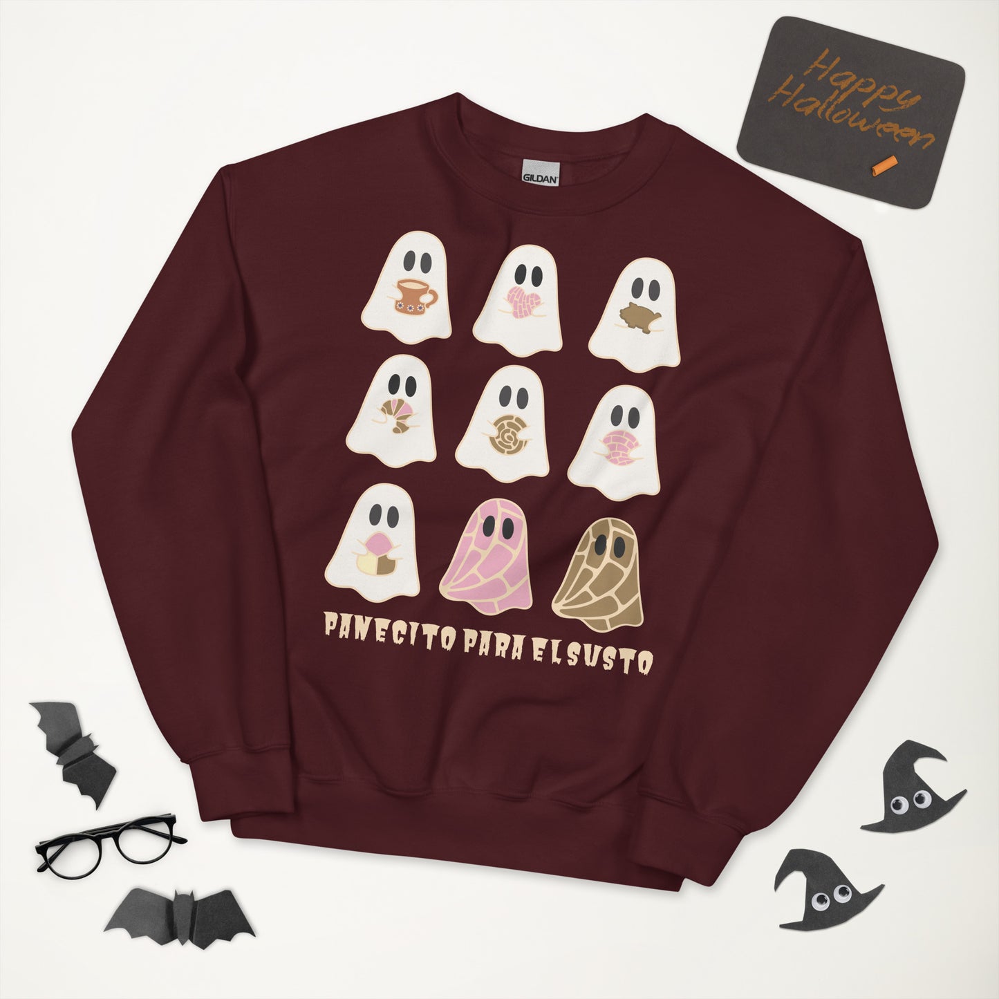 Cozy Halloween Sweatshirt– Cute Ghosts with Pan Dulce and Cafecito for Fall Vibes (Darker Colors) Unisex