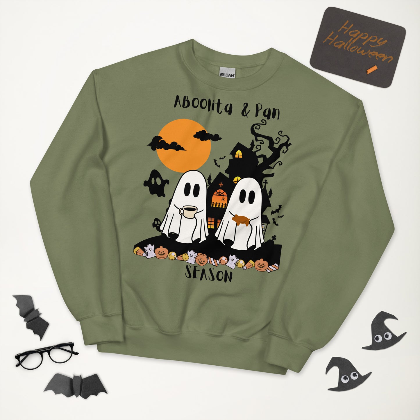 ABoolita & Pan Season Sweatshirt – Ghosts Drinking Abuelita's Hot Chocolate and Eating Pan Dulce at a Haunted House